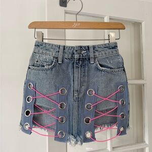 Carmar Denim Mini Skirt with Pink Lace-Up Detail size 23